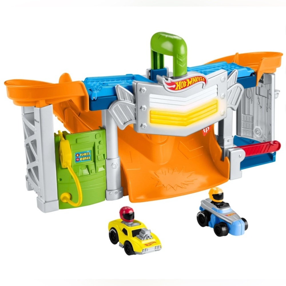 fisher price little people hot wheels racetrack play set with 2 cars